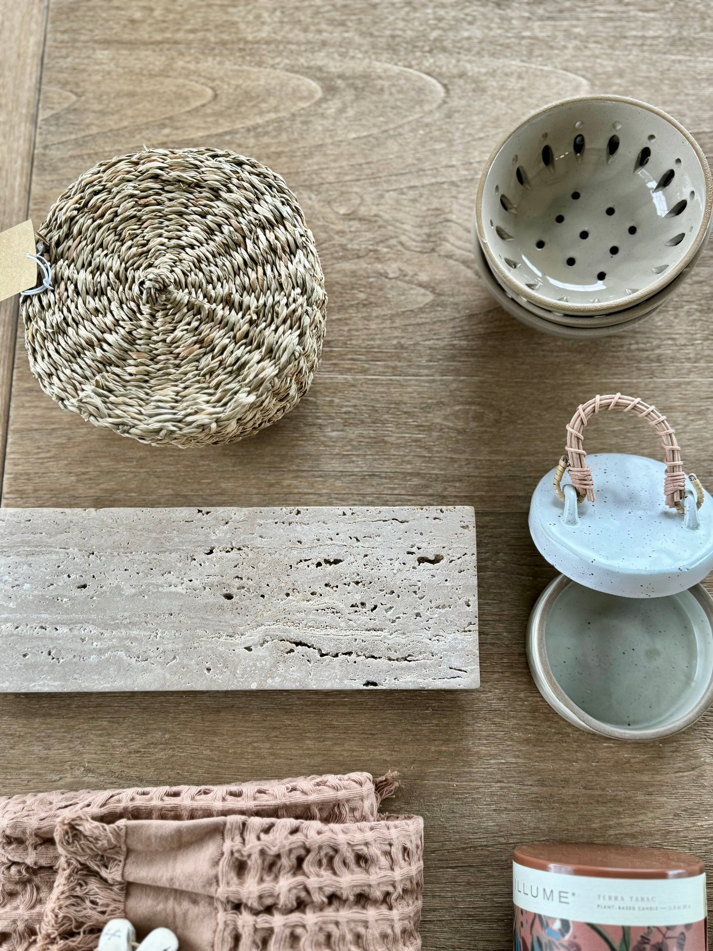 Stoneware Jar with Woven Rattan Handle