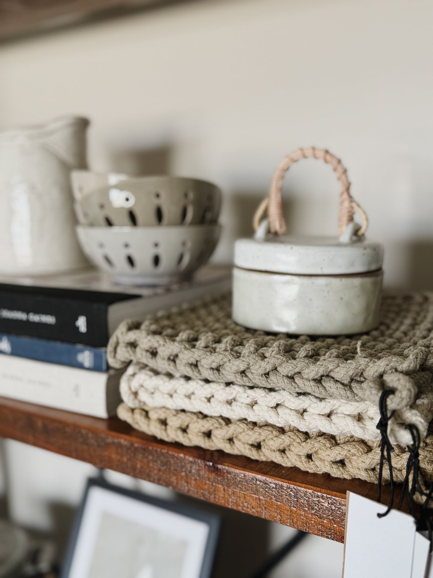 Stoneware Jar with Woven Rattan Handle