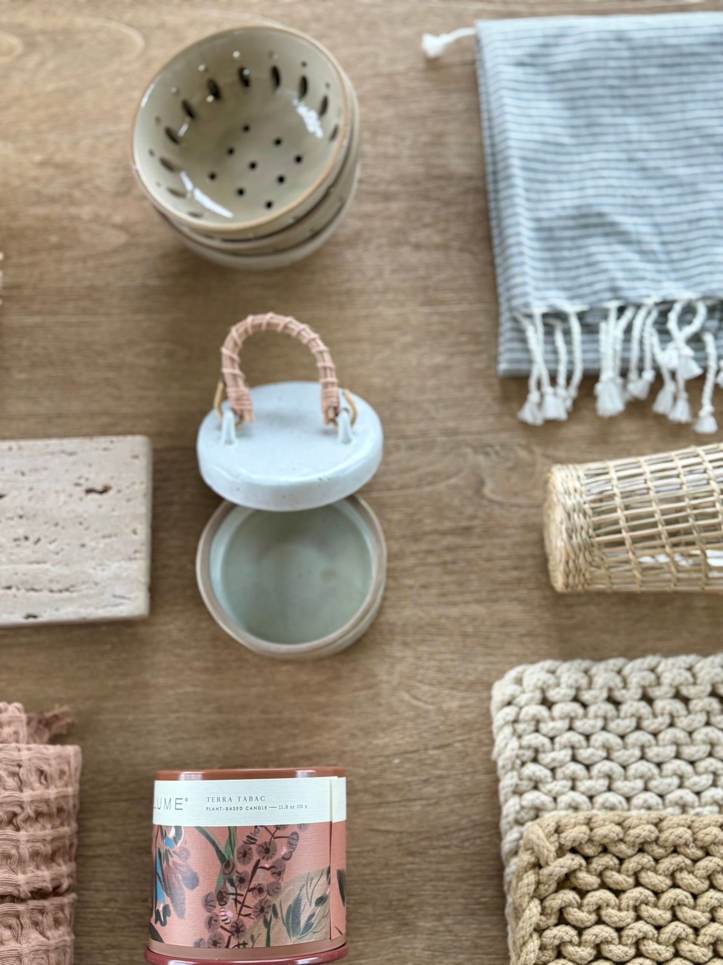 Stoneware Jar with Woven Rattan Handle