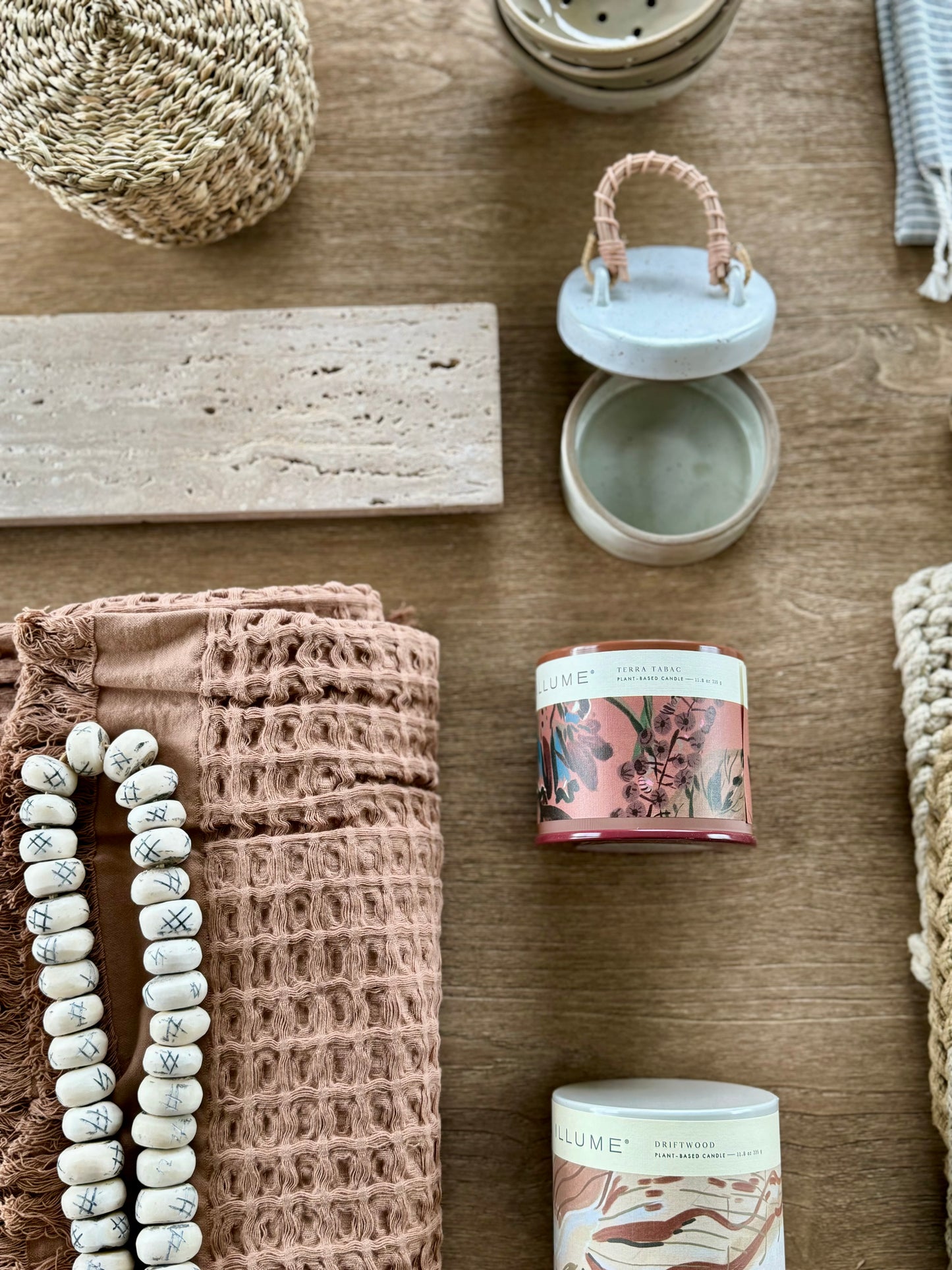 Stoneware Jar with Woven Rattan Handle